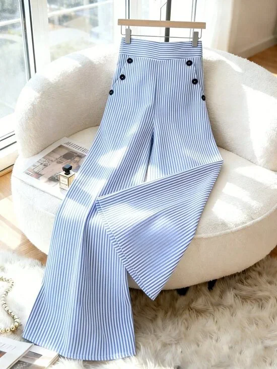 Blue And White Elegant Women's High-Waisted Slim Straight Pants - Picture 7 of 7